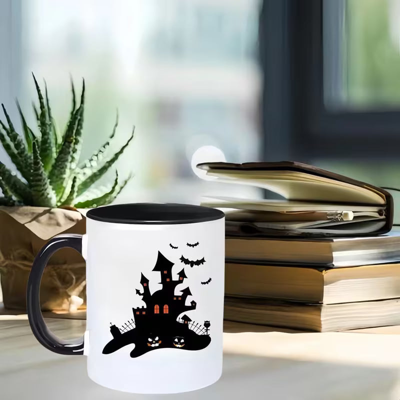 Spooky Halloween Haunted Castle Ceramic Coffee Mug – Black Rim & Handle Autumn Spooky Season Cup (M1024)