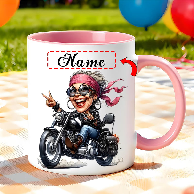 Fun "Cool Lady Biker" Cartoon Motorcycle Ceramic Coffee Mug – Female Biker & Rider Novelty Cup (M1093)