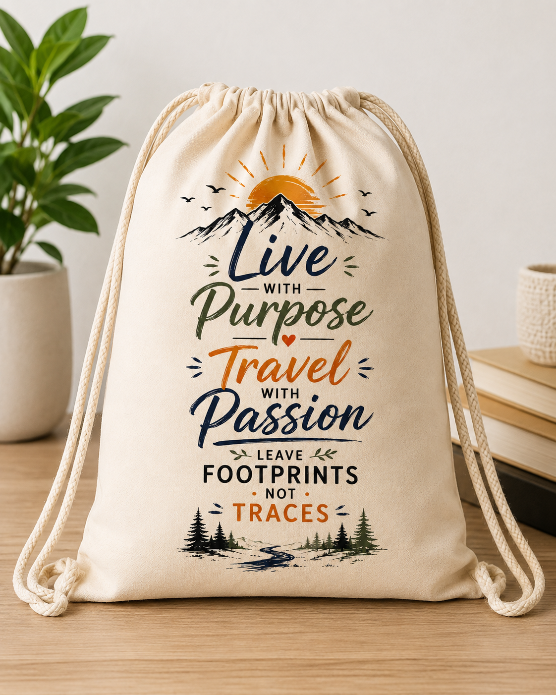 Inspirational "Live with Purpose Travel with Passion" Adventure Drawstring Bag – Outdoor Mountain Hiking Cinch Backpack (DB1001)