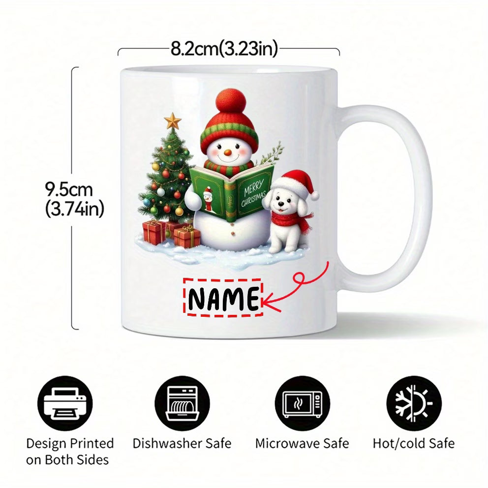 Personalized "Snowman & Puppy Reading 'Merry Christmas'" Ceramic Coffee Mug – Custom Name Festive Holiday & Winter Dog Lover Novelty Cup (M1148)