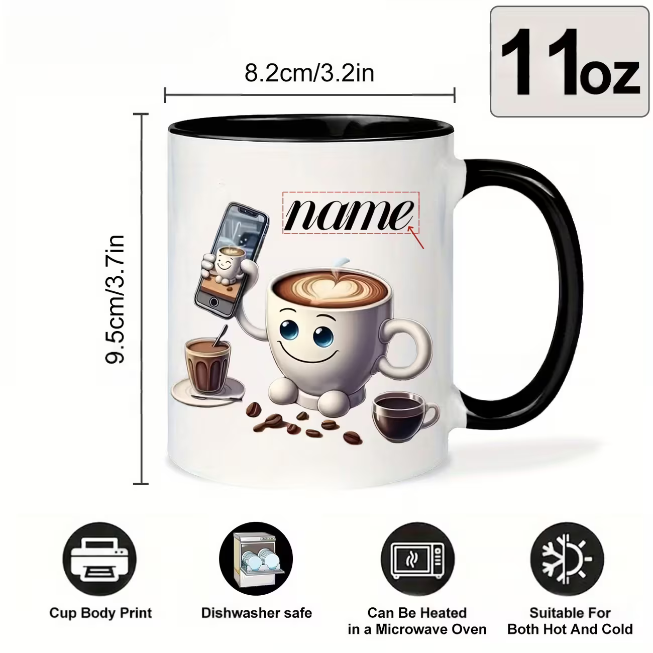 Personalized "Cute Coffee Cup Taking a Selfie" Ceramic Coffee Mug – Custom Name Coffee Lover, Latte Art & Quirky Novelty Cup (M1163)