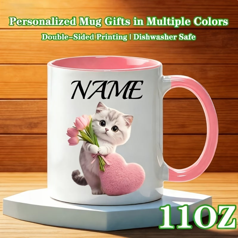 Personalized "Cute Kitten with Tulips & Pink Heart" Ceramic Coffee Mug – Custom Name Cat Lover, Cute Animal & Spring Floral Novelty Cup (M1168)