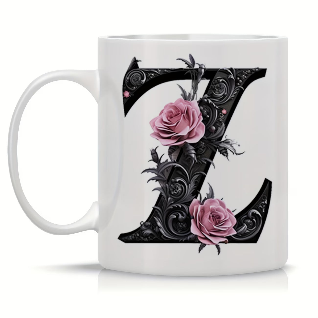 Personalized "Black Letter Floral Initial" Ceramic Coffee Mug – Custom Letter A-Z Pink Roses & Vintage Monogram Novelty Cup (M1141)