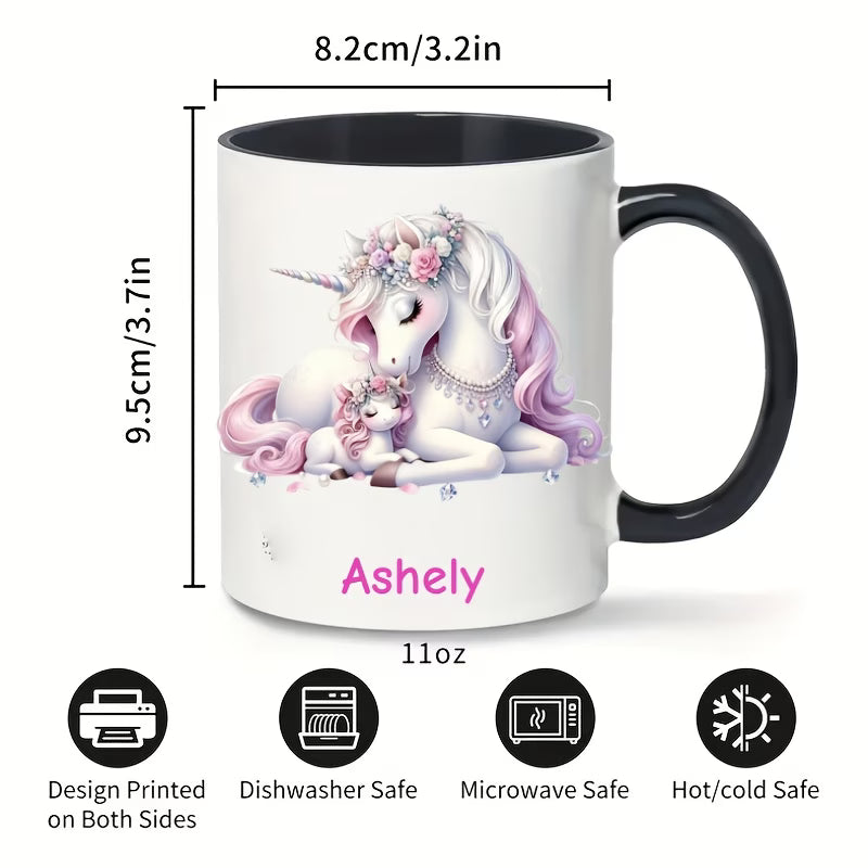 Personalized "Magical Unicorn Mother & Baby" Ceramic Coffee Mug – Custom Name Pink Floral Unicorns & Fantasy Novelty Cup (M1160)