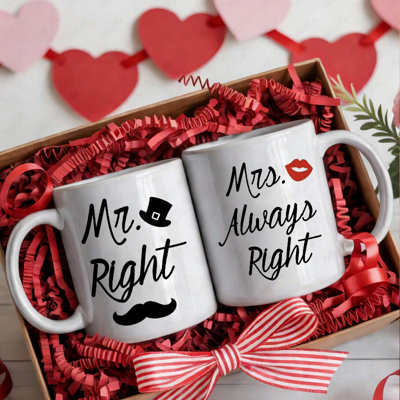 "Mr. Right & Mrs. Always Right" Couple Ceramic Coffee Mug Set – Romantic & Humorous Wedding, Anniversary & Valentine's Day Novelty Cup Set (M1137)