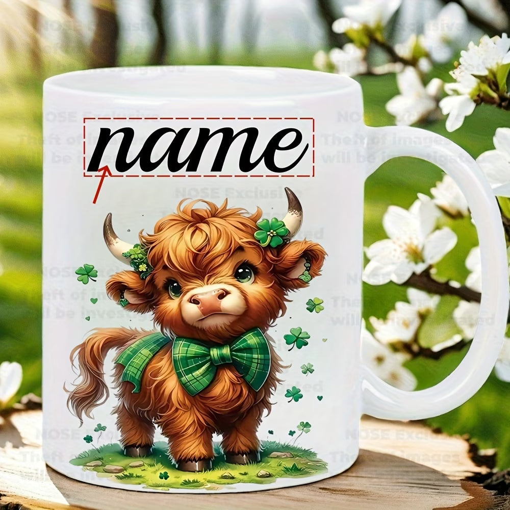 Personalized "Scottish Highland Cow with Shamrock Bow" Ceramic Coffee Mug – Custom Name St. Patrick's Day, Cute Farm Animal & Irish Novelty Cup (M1165)