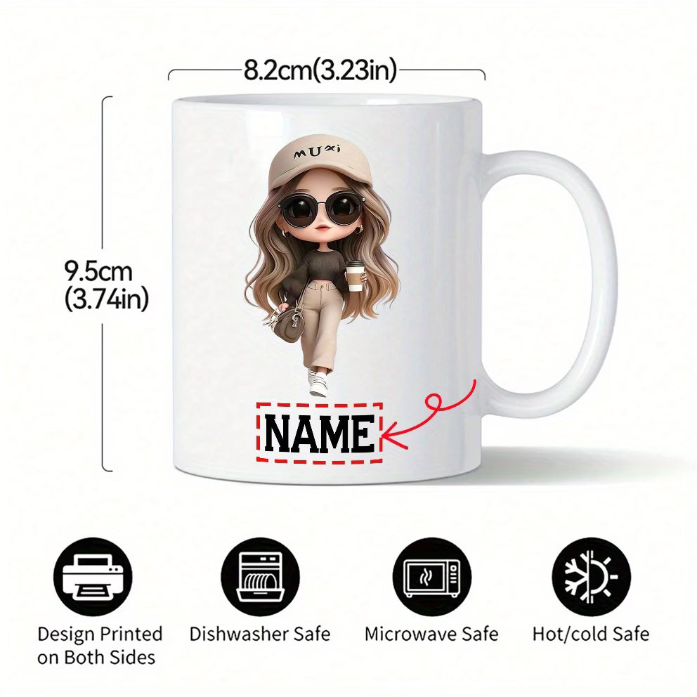 Personalized "Stylish Fashion Girl with Coffee" Ceramic Coffee Mug – Custom Name Trendy Chibi Woman, Cap & Coffee Lover Novelty Cup (M1177)