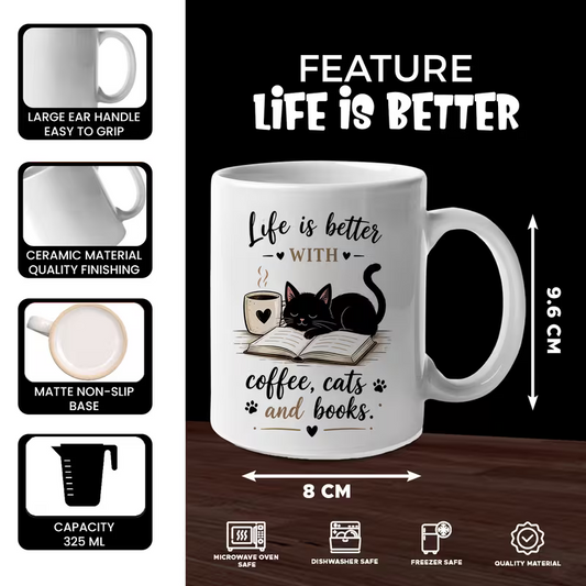 Cozy "Life Is Better With Coffee, Cats And Books" Cute Black Cat Ceramic Coffee Mug – Book Lover & Feline Novelty Cup (M1072)