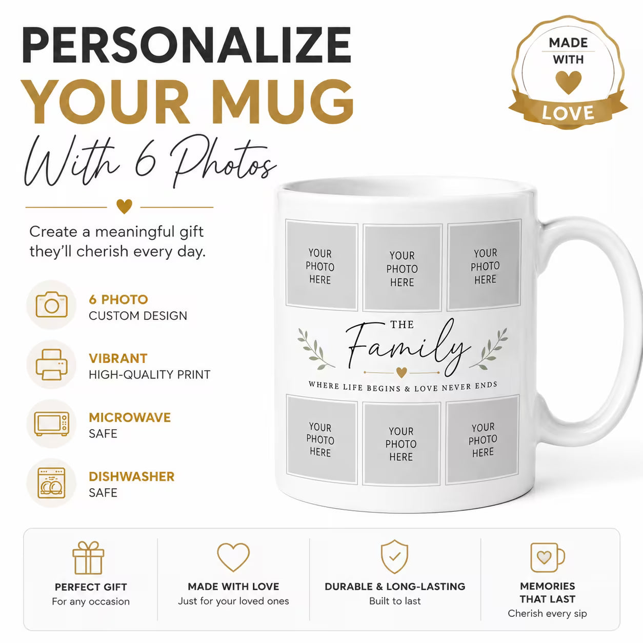 Personalized 6-Photo Family Collage Coffee Mug – Custom Family Name & Picture Ceramic Tea Cup 11oz (M1013)