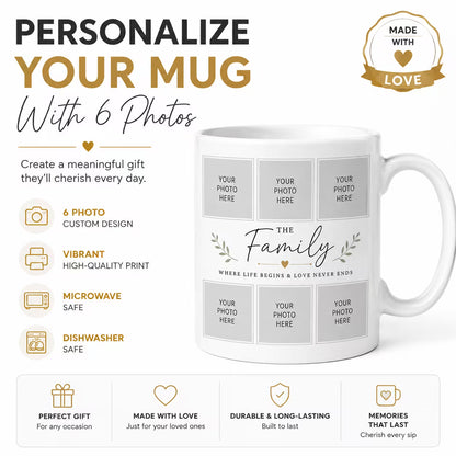 Personalized 6-Photo Family Collage Coffee Mug – Custom Family Name & Picture Ceramic Tea Cup 11oz (M1013)