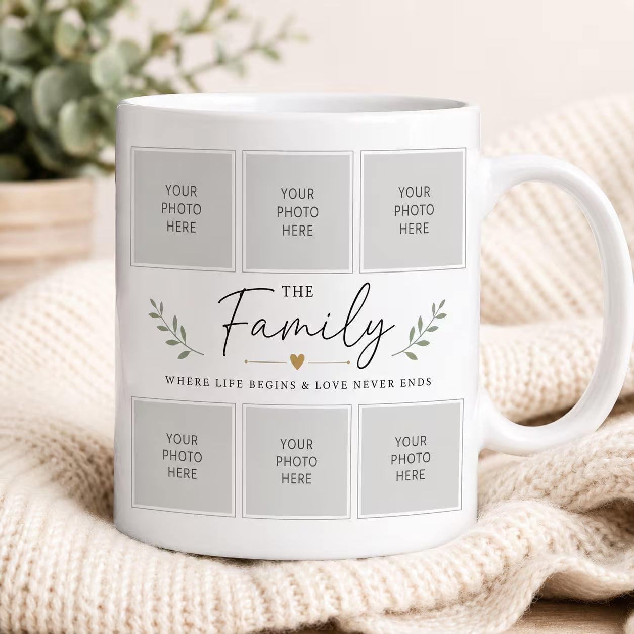 Personalized 6-Photo Family Collage Coffee Mug – Custom Family Name & Picture Ceramic Tea Cup 11oz (M1013)