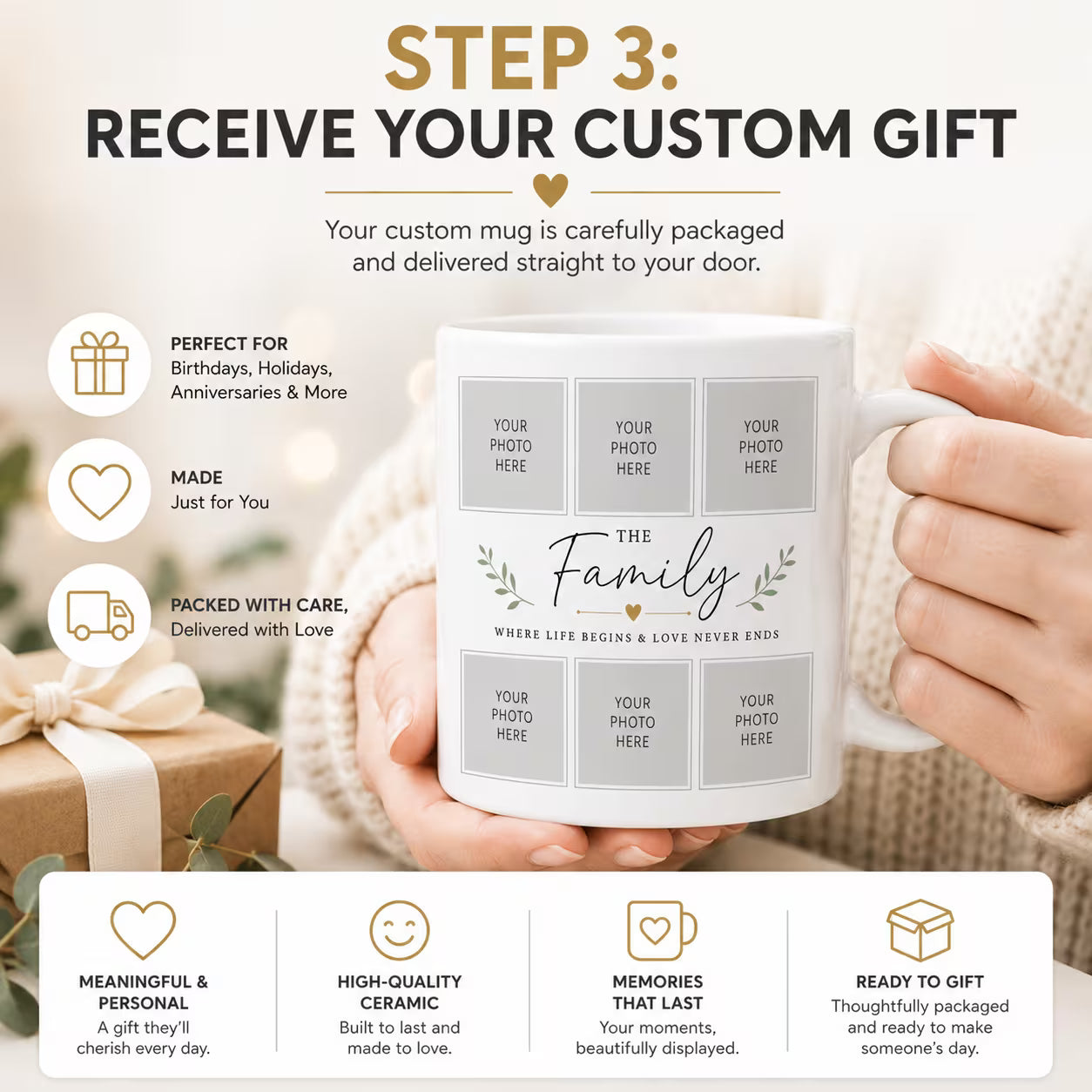 Personalized 6-Photo Family Collage Coffee Mug – Custom Family Name & Picture Ceramic Tea Cup 11oz (M1013)