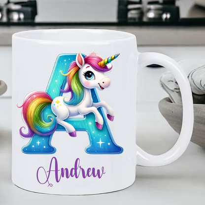 Personalized "Alphabet Unicorn" Ceramic Coffee Mug – Custom Letter & Name, Rainbow Magical Fantasy Kids Novelty Cup (M1169)