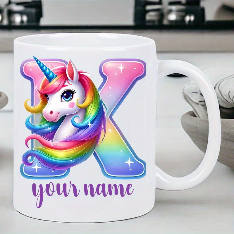 Personalized "Alphabet Unicorn" Ceramic Coffee Mug – Custom Letter & Name, Rainbow Magical Fantasy Kids Novelty Cup (M1169)