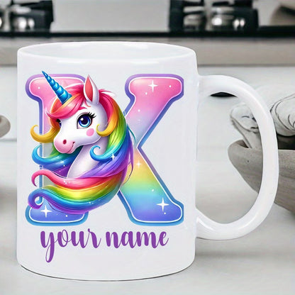 Personalized "Alphabet Unicorn" Ceramic Coffee Mug – Custom Letter & Name, Rainbow Magical Fantasy Kids Novelty Cup (M1169)