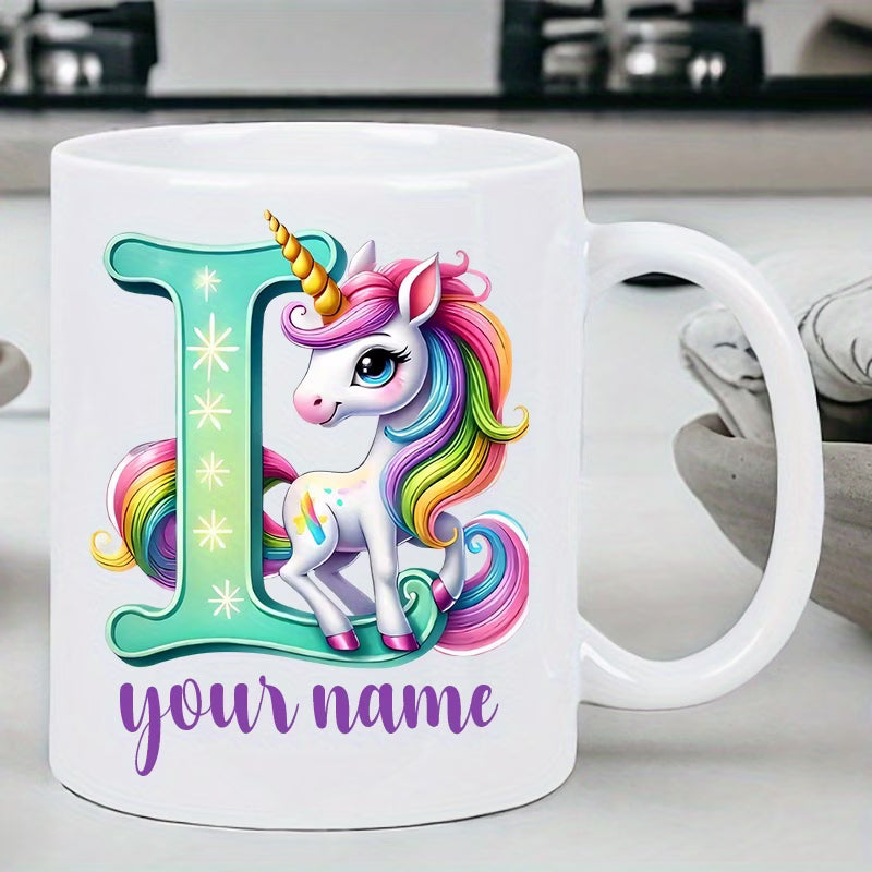 Personalized "Alphabet Unicorn" Ceramic Coffee Mug – Custom Letter & Name, Rainbow Magical Fantasy Kids Novelty Cup (M1169)