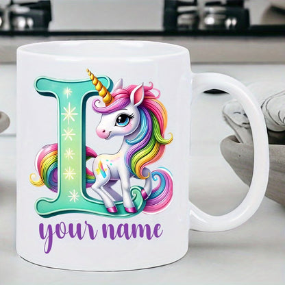 Personalized "Alphabet Unicorn" Ceramic Coffee Mug – Custom Letter & Name, Rainbow Magical Fantasy Kids Novelty Cup (M1169)