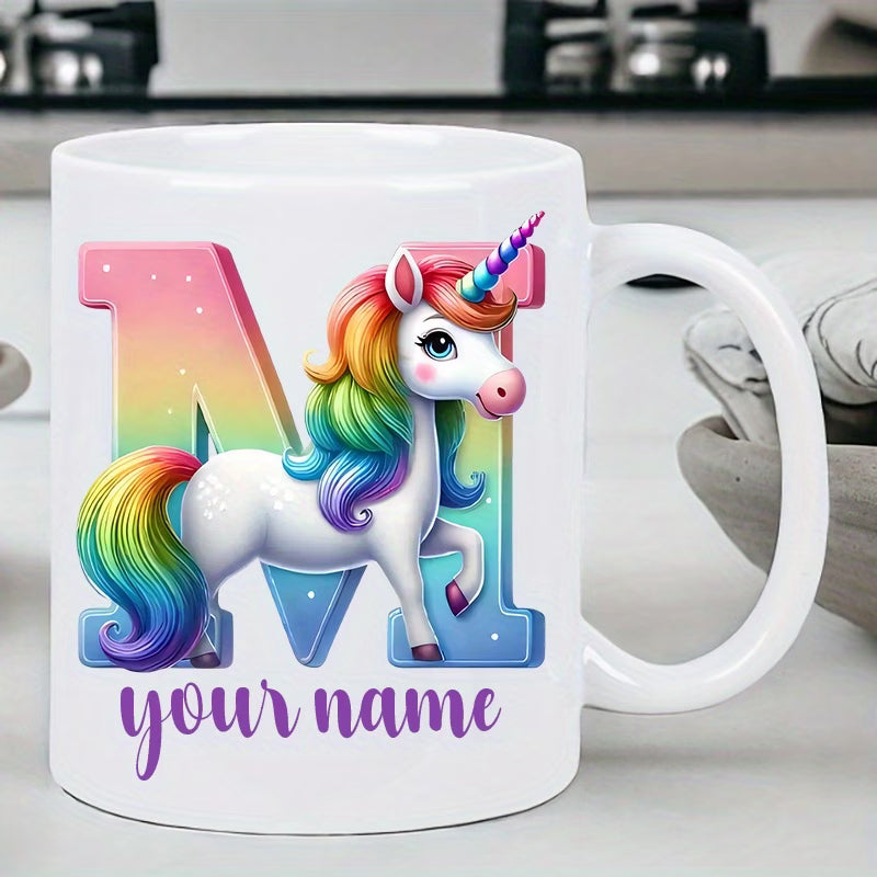 Personalized "Alphabet Unicorn" Ceramic Coffee Mug – Custom Letter & Name, Rainbow Magical Fantasy Kids Novelty Cup (M1169)