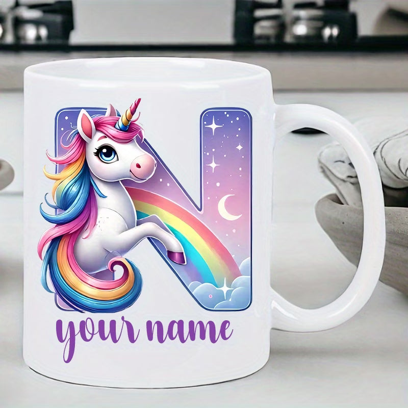 Personalized "Alphabet Unicorn" Ceramic Coffee Mug – Custom Letter & Name, Rainbow Magical Fantasy Kids Novelty Cup (M1169)