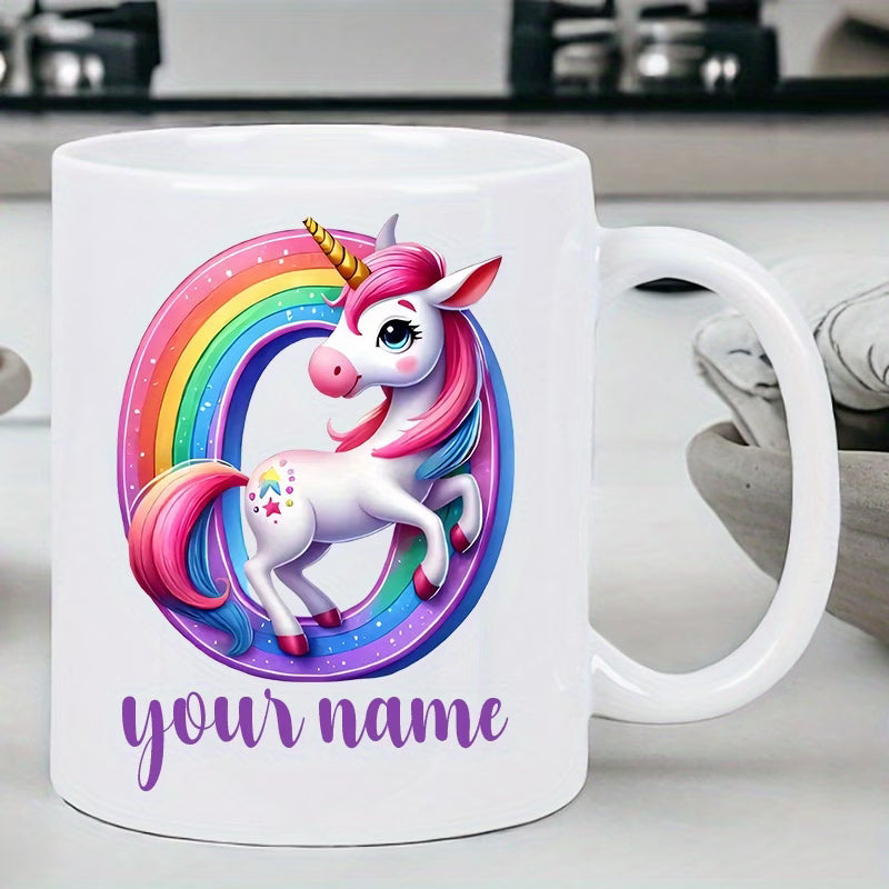 Personalized "Alphabet Unicorn" Ceramic Coffee Mug – Custom Letter & Name, Rainbow Magical Fantasy Kids Novelty Cup (M1169)