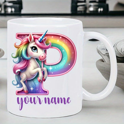 Personalized "Alphabet Unicorn" Ceramic Coffee Mug – Custom Letter & Name, Rainbow Magical Fantasy Kids Novelty Cup (M1169)