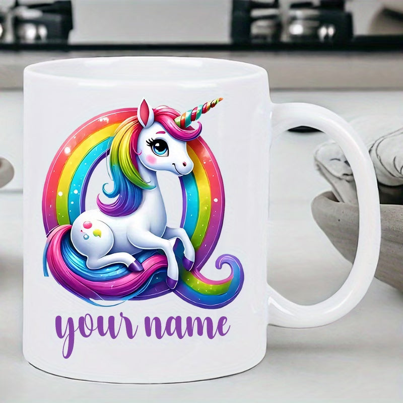 Personalized "Alphabet Unicorn" Ceramic Coffee Mug – Custom Letter & Name, Rainbow Magical Fantasy Kids Novelty Cup (M1169)