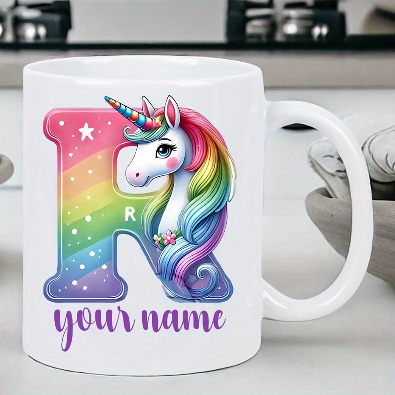 Personalized "Alphabet Unicorn" Ceramic Coffee Mug – Custom Letter & Name, Rainbow Magical Fantasy Kids Novelty Cup (M1169)