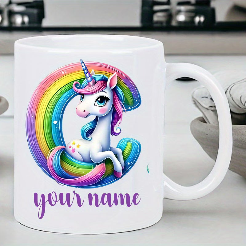 Personalized "Alphabet Unicorn" Ceramic Coffee Mug – Custom Letter & Name, Rainbow Magical Fantasy Kids Novelty Cup (M1169)