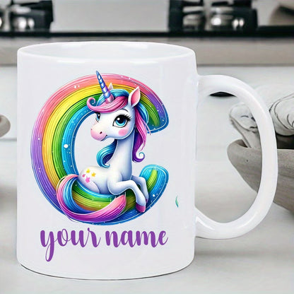 Personalized "Alphabet Unicorn" Ceramic Coffee Mug – Custom Letter & Name, Rainbow Magical Fantasy Kids Novelty Cup (M1169)