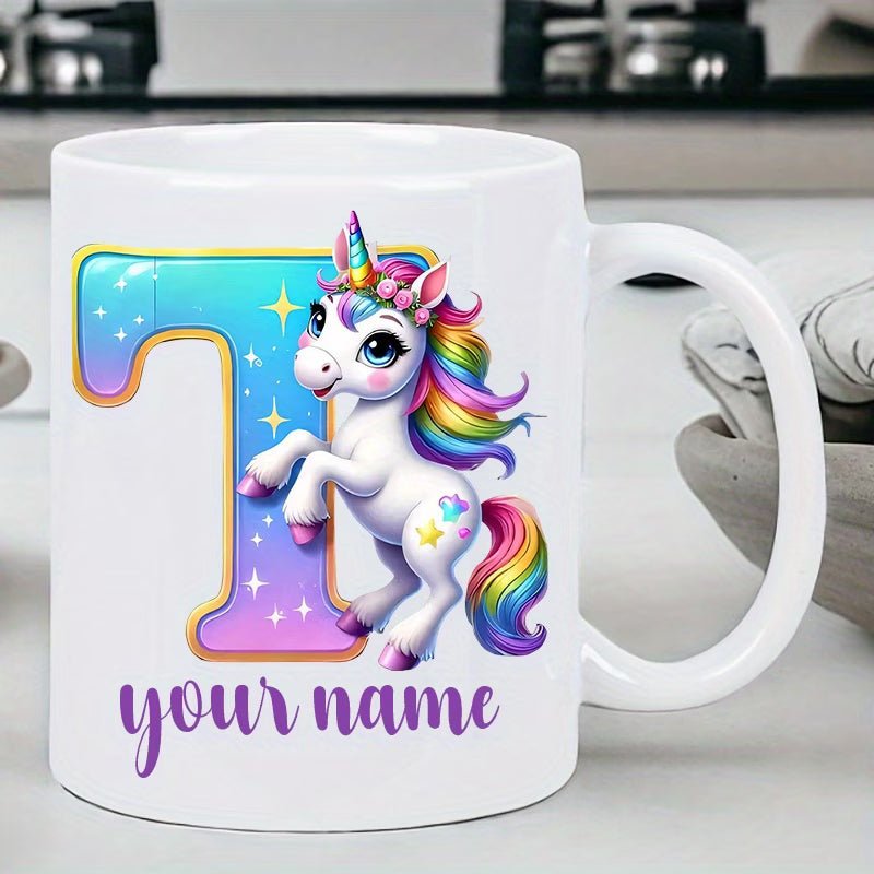Personalized "Alphabet Unicorn" Ceramic Coffee Mug – Custom Letter & Name, Rainbow Magical Fantasy Kids Novelty Cup (M1169)