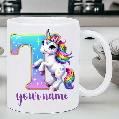 Personalized "Alphabet Unicorn" Ceramic Coffee Mug – Custom Letter & Name, Rainbow Magical Fantasy Kids Novelty Cup (M1169)