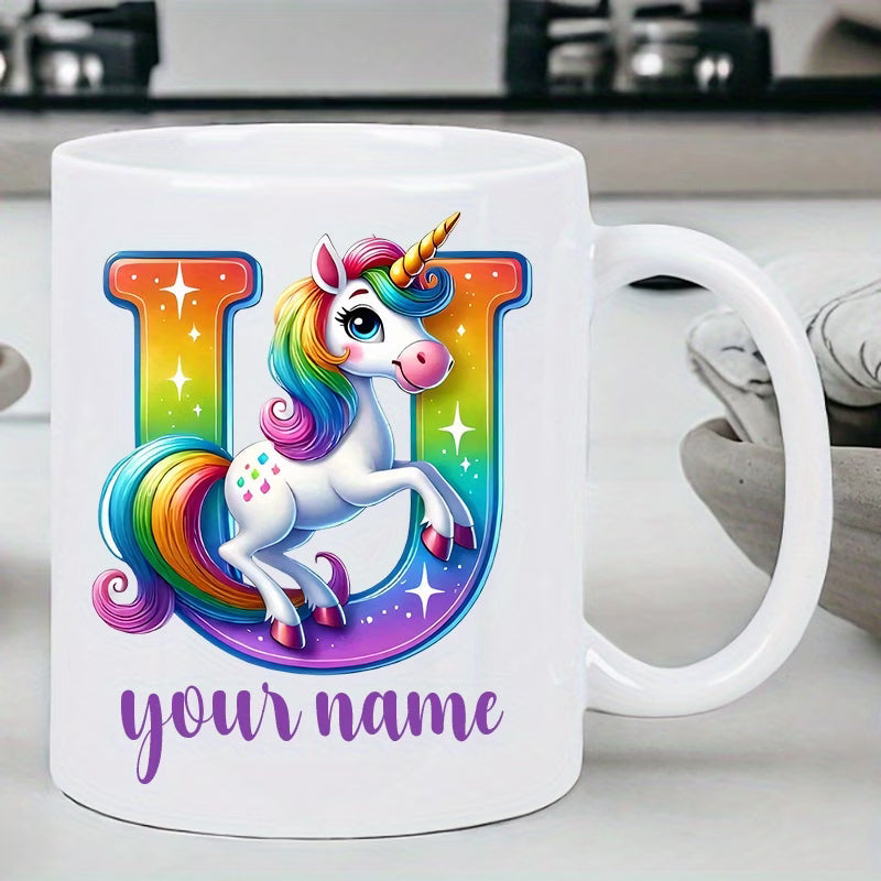 Personalized "Alphabet Unicorn" Ceramic Coffee Mug – Custom Letter & Name, Rainbow Magical Fantasy Kids Novelty Cup (M1169)