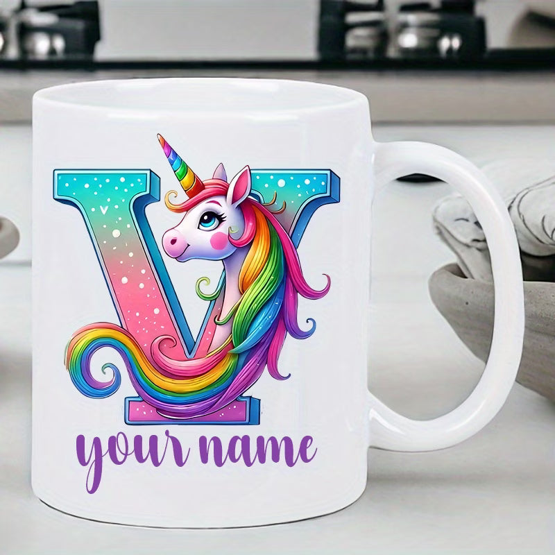Personalized "Alphabet Unicorn" Ceramic Coffee Mug – Custom Letter & Name, Rainbow Magical Fantasy Kids Novelty Cup (M1169)