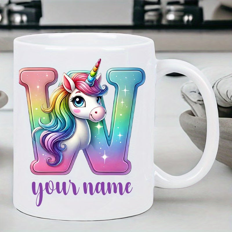 Personalized "Alphabet Unicorn" Ceramic Coffee Mug – Custom Letter & Name, Rainbow Magical Fantasy Kids Novelty Cup (M1169)