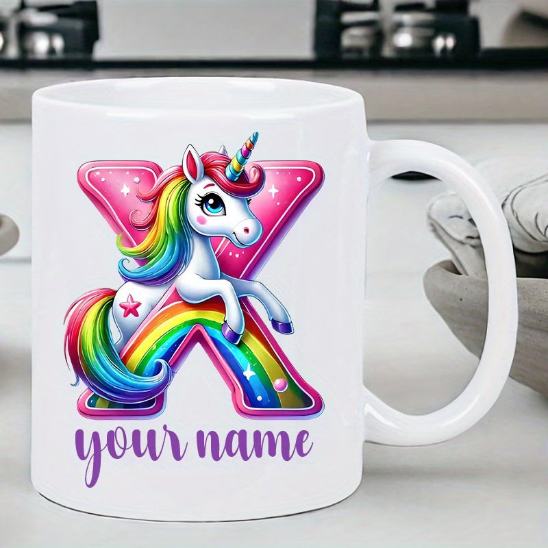 Personalized "Alphabet Unicorn" Ceramic Coffee Mug – Custom Letter & Name, Rainbow Magical Fantasy Kids Novelty Cup (M1169)