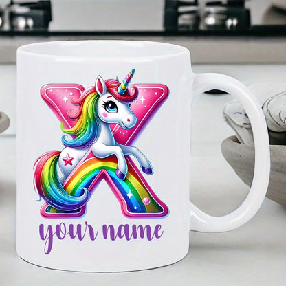 Personalized "Alphabet Unicorn" Ceramic Coffee Mug – Custom Letter & Name, Rainbow Magical Fantasy Kids Novelty Cup (M1169)