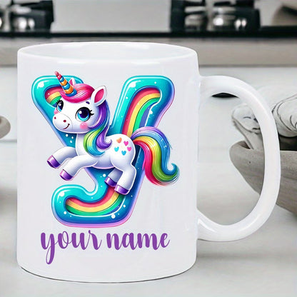 Personalized "Alphabet Unicorn" Ceramic Coffee Mug – Custom Letter & Name, Rainbow Magical Fantasy Kids Novelty Cup (M1169)