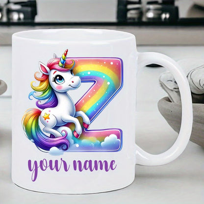 Personalized "Alphabet Unicorn" Ceramic Coffee Mug – Custom Letter & Name, Rainbow Magical Fantasy Kids Novelty Cup (M1169)