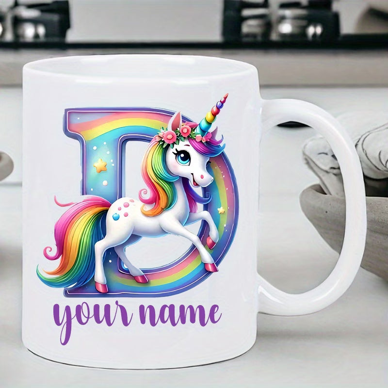 Personalized "Alphabet Unicorn" Ceramic Coffee Mug – Custom Letter & Name, Rainbow Magical Fantasy Kids Novelty Cup (M1169)