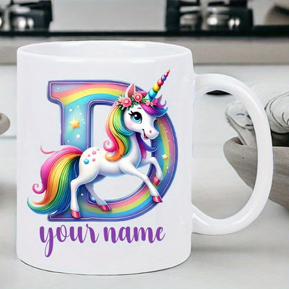Personalized "Alphabet Unicorn" Ceramic Coffee Mug – Custom Letter & Name, Rainbow Magical Fantasy Kids Novelty Cup (M1169)