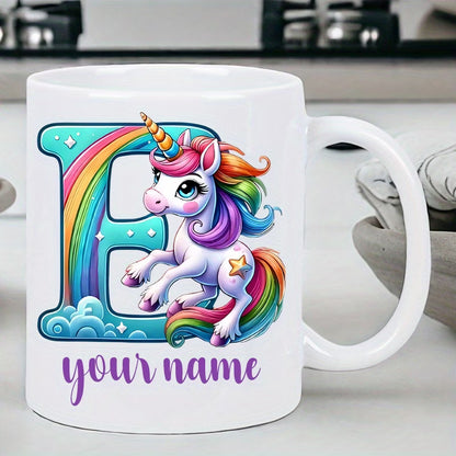 Personalized "Alphabet Unicorn" Ceramic Coffee Mug – Custom Letter & Name, Rainbow Magical Fantasy Kids Novelty Cup (M1169)
