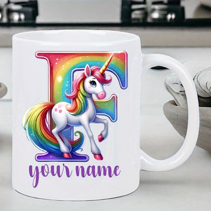 Personalized "Alphabet Unicorn" Ceramic Coffee Mug – Custom Letter & Name, Rainbow Magical Fantasy Kids Novelty Cup (M1169)