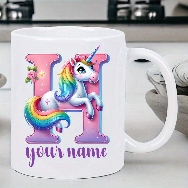 Personalized "Alphabet Unicorn" Ceramic Coffee Mug – Custom Letter & Name, Rainbow Magical Fantasy Kids Novelty Cup (M1169)