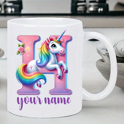 Personalized "Alphabet Unicorn" Ceramic Coffee Mug – Custom Letter & Name, Rainbow Magical Fantasy Kids Novelty Cup (M1169)