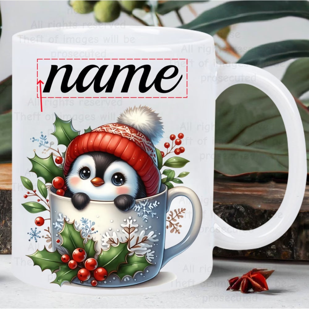 Personalized "Baby Penguin in Snowflake Mug" Ceramic Coffee Mug – Custom Name Cute Winter Holiday Animal & Christmas Novelty Cup (M1150)