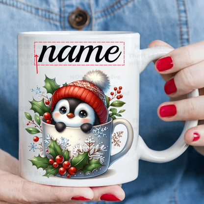 Personalized "Baby Penguin in Snowflake Mug" Ceramic Coffee Mug – Custom Name Cute Winter Holiday Animal & Christmas Novelty Cup (M1150)