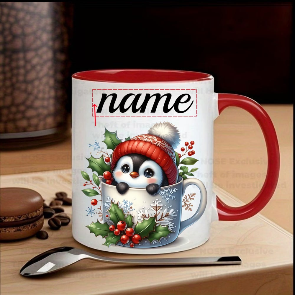 Personalized "Baby Penguin in Snowflake Mug" Ceramic Coffee Mug – Custom Name Cute Winter Holiday Animal & Christmas Novelty Cup (M1150)