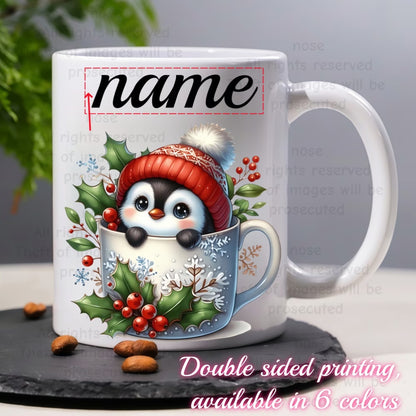 Personalized "Baby Penguin in Snowflake Mug" Ceramic Coffee Mug – Custom Name Cute Winter Holiday Animal & Christmas Novelty Cup (M1150)