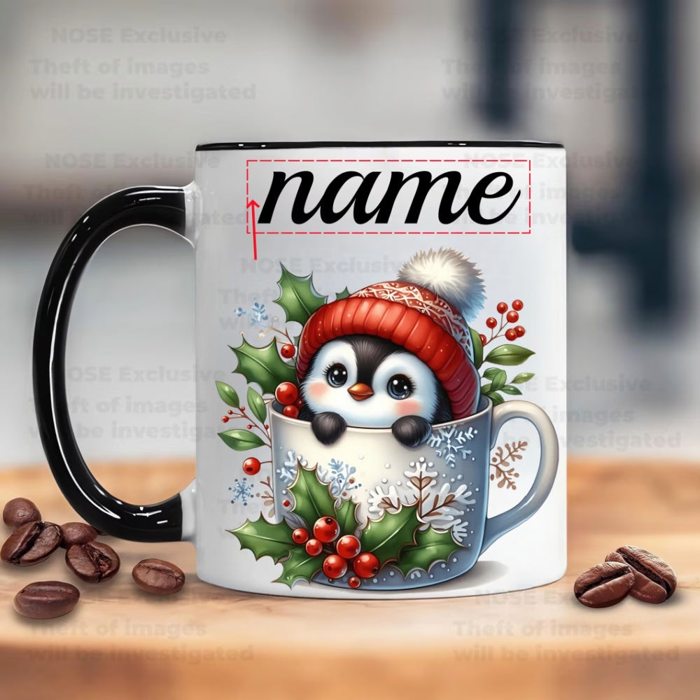 Personalized "Baby Penguin in Snowflake Mug" Ceramic Coffee Mug – Custom Name Cute Winter Holiday Animal & Christmas Novelty Cup (M1150)