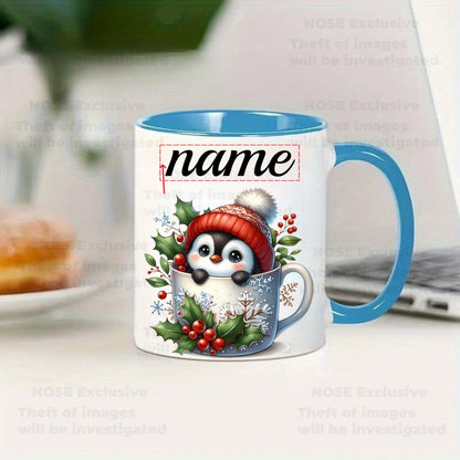 Personalized "Baby Penguin in Snowflake Mug" Ceramic Coffee Mug – Custom Name Cute Winter Holiday Animal & Christmas Novelty Cup (M1150)